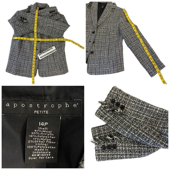 Apostrophe Blazer Womens PS Gray Black Tweed Work Office Casual Jacket Old Money - Picture 5 of 15
